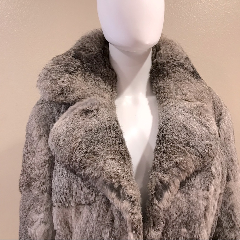 Womens Fur Coat Jacket Size 46 Medium Grey Rabbit Pockets Hook Closure Flaw - Picture 10 of 16